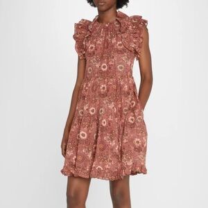 Ulla Johnson- Red Floral “Adele” Flutter Ruffle Sleeve Printed Mini Dress